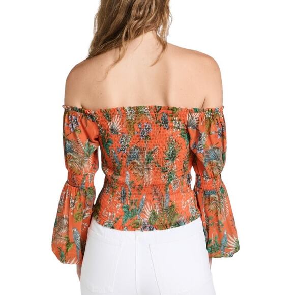 L'Agence NWT Cece Smocked Off-Shoulder Top Orange Parrot Puff Sleeve Size S - Picture 3 of 13